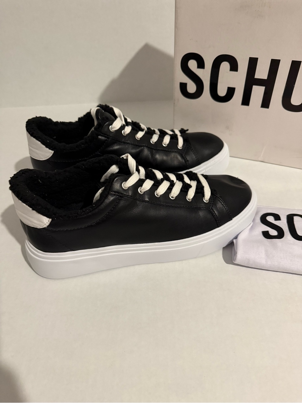 SCHUTZ Black and White Platform Leather Sneakers Size 9.5